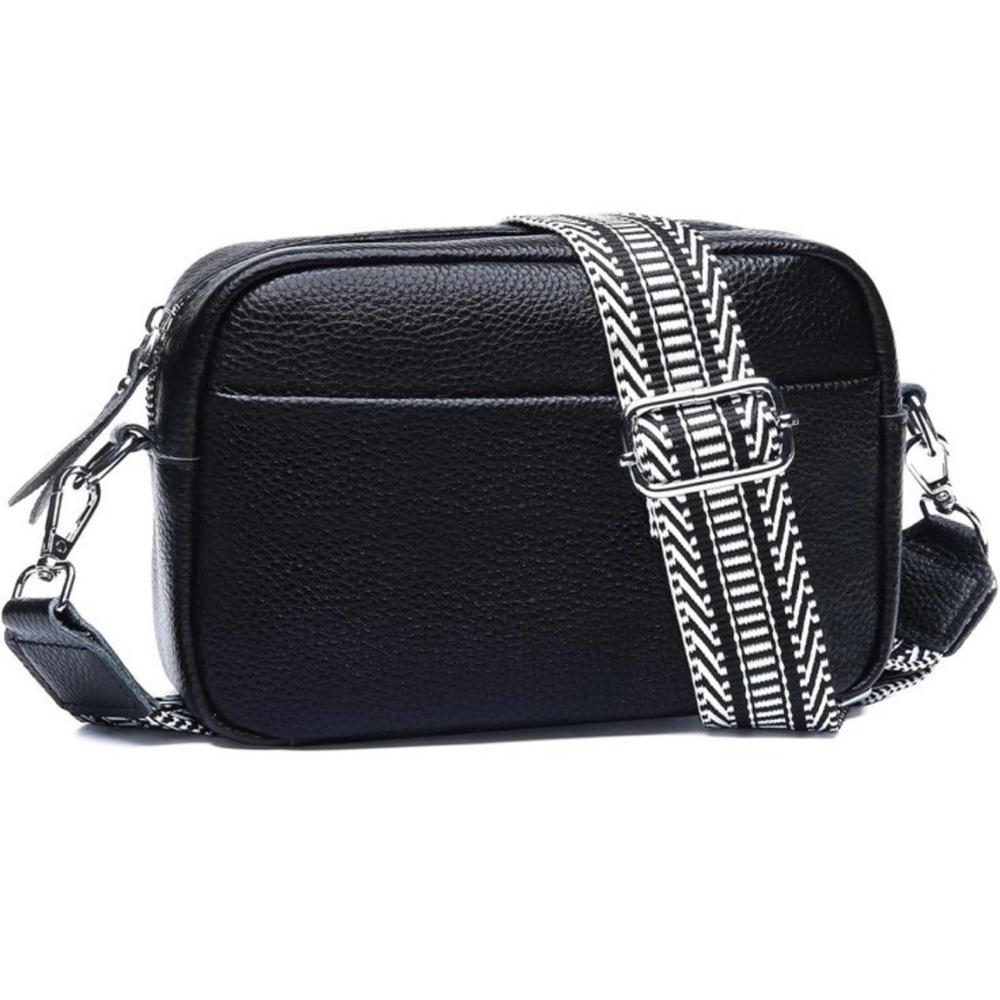 Black Crossbody Bag with Patterned Strap